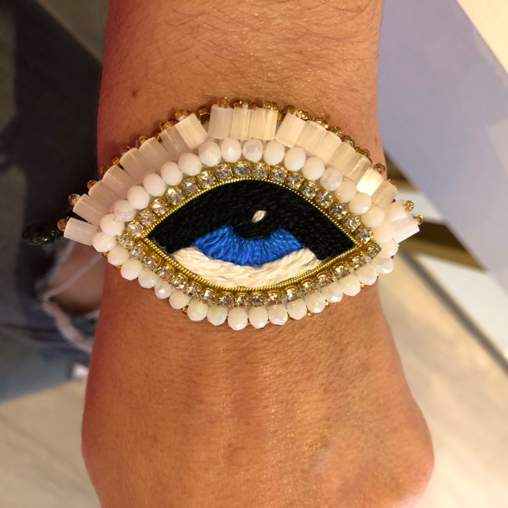 Handmade evil eye cuff bracelet with white crystal beads